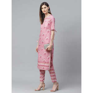 Ensemble Kurta droit en rayonne imprimée florale rose pour femme Kurta droite élégante avec pantalon pour garde-robe pour femme - Product Image 1