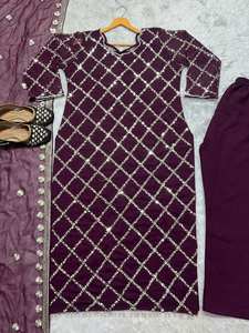 Elegante Estilo Vintage Faux Georgette Salwar Traje Conjunto Secuencia Bordado Diamante Patrón con pantalones de color sólido para fiestas - Product Image 2