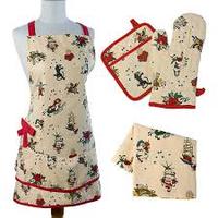 Dernière vente en gros ensemble de tabliers de cuisine à usage domestique en coton imprimé multicolore avec mitaine de four à résistance à la chaleur, porte-pot et serviette