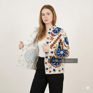 Chaqueta Boho Floral para Mujer, Bordada con Diseño Suzani, de Terciopelo/Algodón, Transpirable y Ecológica, con Bordado Étnico Uzbeko Vintage, Corta - Product Image 4