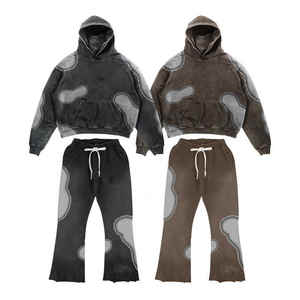 baggy pants sweatsuits sweatpants Oversized <b>Cropped</b> Hoodies Acid Wash Distressed Embroidery Patch <b>Zip</b> <b>up</b> Satin Lined <b>Hoodie</b> - Product Image 3