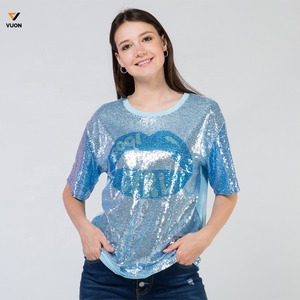 Camiseta de lentejuelas personalizada 100% algodón Sparkle bordado parche niñas lentejuelas camisetas con lentejuelas camiseta para mujer - Product Image 6