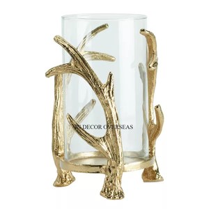 Portavelas decorativo de huracán de diseño único chapado en oro de metal de alta calidad y vidrio transparente hecho para el hogar y el hotel de la India - Product Image 1