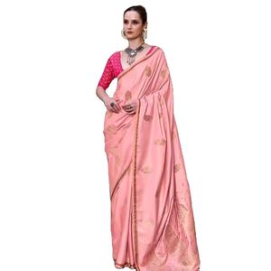 Saree en soie de satin exquis avec tissage Zari Latakan unique et vêtements indiens et pakistanais à la frontière attrayante - Product Image 2