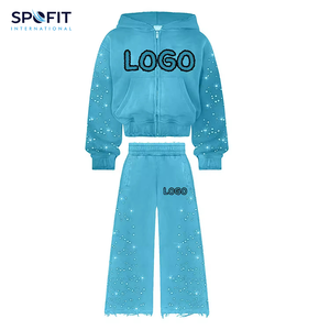 Ropa de calle con logotipo bordado personalizado, chándales lavados con ácido, pantalones de chándal con parche desgastado y Sudadera con capucha, conjuntos de sudadera con diamantes de imitación - Product Image 4