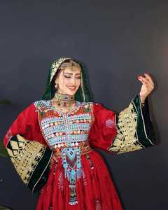 Afghan kuchi ชุดเจ้าสาวสีชมพู, เดรสคู่ยาวถึงพื้นหลากสีลายลูกไม้แบบดั้งเดิมชนเผ่าโบฮีเมียน - Product Image 4