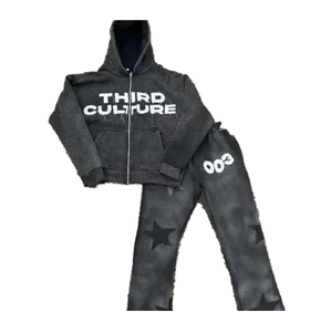 Venta al por mayor de chándal deportivo para hombre con parche desgastado Vintage bordado con logotipo personalizado lavado ácido ropa de calle Sun Fade chándal de invierno - Product Image 3