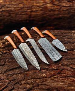 Handmade High Quality Custom made Chef Set Damascus <b>Steel</b> High Quality with Wooden Handles 5 piece Set with Leather Sheath - Product Image 1