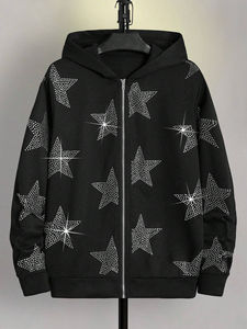 Venta al por mayor Premium Men's Hoodie Streetwear Oversized Rhinestone Embellecido Peso pesado Mezcla de algodón Faded Boxy Fit Zip Winter - Product Image 4