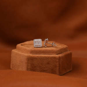 Round & Baguette Cut Lab Grown Diamond Stud <b>Earrings</b> 14KT Solid Gold Luxury Hip Hop Jewelry with Screw <b>Back</b> Solid Gold Plated - Product Image 2