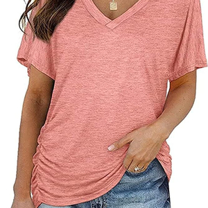T-shirts unis pour femmes grande taille, col en V, demi-manches, vêtements d'extérieur anti-rétrécissement pour dames à un prix abordable - Product Image 4
