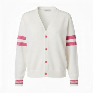 Suéter Tejido Casual Holgado para Mujer con Elemento Cuadrado y Logotipo Frontal, Cárdigan Rosa Blanco de Poliéster Antiencogimiento de Secado Rápido - Product Image 1