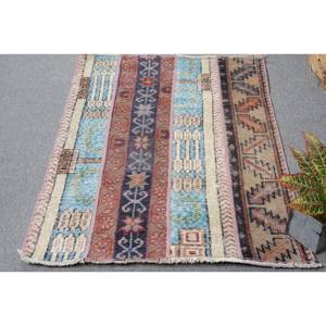 Vintage Turkish Rug Ethnic Blue Beige 2.4x3.4ft Large Area Classic Patchwork Design Wool Latex 4m Rectangle Hallway for Rooms - Product Image 1
