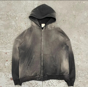 Custom Luxury Distressed Hoodies French Terry Acid Wash Heavyweight Boxy <b>Cropped</b> <b>Zip</b> <b>Up</b> Rhinestone Hoodies Men OEM - Product Image 2
