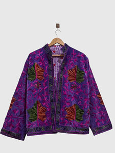 Purple Velvet Embroidered Jacket Floral Pattern Full Sleeve Mandarin Collar Plus Size Women'<b>s</b> Autumn Wear - Product Image 3
