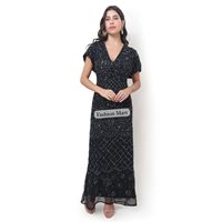 Robe de soirée noire élégante perlée à la main pour femmes Robe longue à col en V avec broderie complexe de paillettes