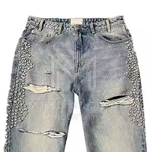 Venta al por mayor último diseño de pantalones de cintura media personalizado ligero patrón recto decoración de diamantes de imitación 100% algodón estilo callejero Pakistán - Product Image 4