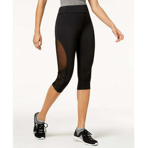 Leggings neri cropped da ragazza Material Girl, vita alta con inserti in rete, taglie XS/XXS, traspiranti in spandex/nylon per donne attive e curvy - Product Image 1