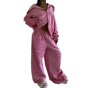 Survêtement surdimensionné en molleton lourd à deux pièces avec fermeture éclair et logo sur le devant pour femmes, personnalisé pour l'hiver - Product Image 1