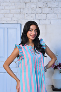 Mini robe élégante 100% coton à rayures pastel, rose et bleu, manches volantées, épaule écologique pour les occasions quotidiennes, méthode tissée - Product Image 4