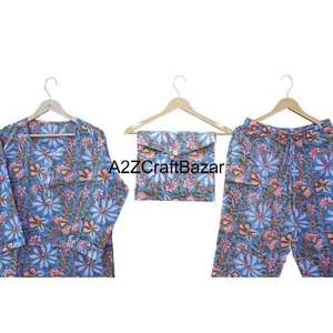 Conjunto de Pijama de Algodón Estampado a Mano Indio, Ropa de Dormir Elegante, de Lujo y Moderna para Mujer y Hombre, Transpirable, Suave y de Secado Rápido, 100% - Product Image 4