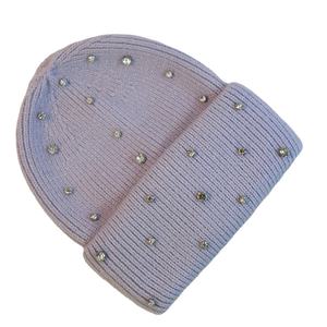 Gorro de Punto Acanalado con Pedrería para Mujer, Gorro de Invierno Gris con Cristales, Gorro Cálido y Suave con Puño, Gorro Personalizado con Logotipo - Product Image 2