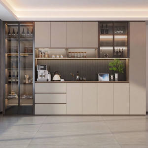 Meuble d'appoint de cuisine sur mesure avec panneaux composites en bois, niche à boissons, vitrine en verre, façades lisses et configuration flexible - Product Image 1