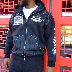 Personalizado 100% algodón recortado desgastado 400 Gsm Dtg cremallera Sudadera con capucha lavado ácido de gran tamaño desgastado rasgado peso pesado Zip up Sudadera con capucha hombres - Product Image 1