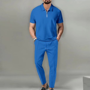Tendance personnalisable hommes décontracté deux pièces été ensemble couleur unie col à manches courtes fermeture éclair pantalon costume respirant - Product Image 5
