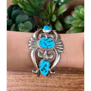 Vintage Navajo Handmade Sleeping Beauty Turquoise & Sterling <b>Silver</b> Fashion <b>Cuff</b> <b>Bracelet</b> - Product Image 2