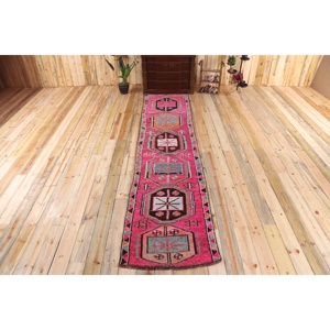 Turkish Vintage Herki <b>Runner</b> Rug 2.7x11.8 ft, <b>Red</b> Geometric Rug Wool - Product Image 1