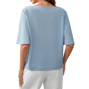 Blusa informal holgada de manga media para mujer, camisa de punto suave con cuello redondo de color liso, blusa de moda para el día a día, para primavera y verano - Product Image 2