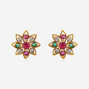 Boucles d'oreilles clous style antique 185533, motif floral religieux, en alliage de zinc plaqué or, ornées de zircon, perle et diamant, pour fêtes et cadeaux - Product Image 1