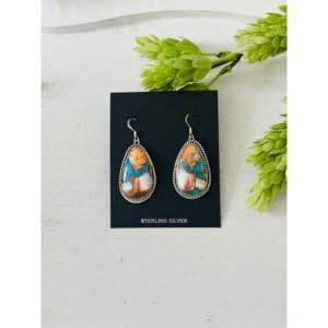 Navajo Handmade Mohave Turquoise & Sterling <b>Silver</b> Drop <b>Earrings</b> Water Drop Shape Pattern - Product Image 1