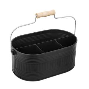 Organizador de Utensilios de Metal Galvanizado Estilo Rústico con Asa de Madera, Ovalado y Dividido, para Cocina, Barbacoa y Picnic. - Product Image 3