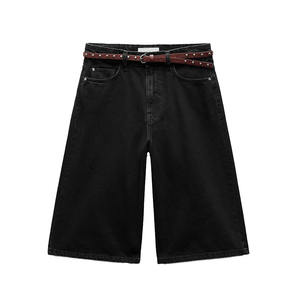 Fashionable Women Knee Length Denim Jorts Loose Fit Stone Washed Solid <b>Jeans</b> <b>Shorts</b> <b>High</b> <b>Waist</b> Summer Wear Denim Women's <b>Shorts</b> - Product Image 1