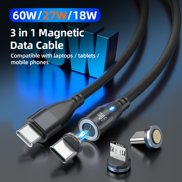 PD60W 3 in 1 Type C Data Cable | QC3.0 Fast Charging Magnetic Phone Charger Cable 1m 3.3ft for IOS Micro USB-C Mobile Phone