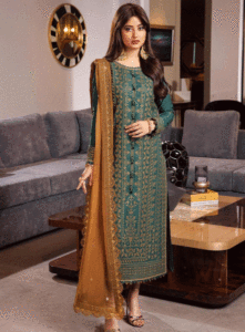 Conjunto de 3 piezas ASIM JOFA: Camisa bordada de primavera/verano, dupatta de gasa y pantalón - BIC-4547 - Product Image 6