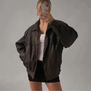 Chaqueta Bomber de piel de cordero marrón Vintage para mujer Chaqueta de cuero de talla grande estilo holgado de grano completo para mujer - Product Image 3