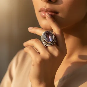 Bague en argent sterling 925 géométrique avec pierre d'améthyste naturelle (sertie en bélière) - Product Image 1