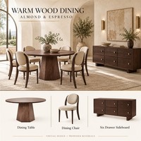 Ensemble de meubles modernes pour toute la maison : canapé incurvé en tissu, table à manger en placage de bois, lit rembourré, tables basses en pierre frittée