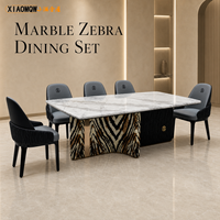Ensemble de table à manger ronde moderne de luxe avec plateau en marbre, 8 places, base à motif zèbre avec chaises rembourrées pour hôtel, restaurant