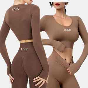 Conjunto Deportivo de Alta Calidad para Mujer, Pantalones de Yoga Sin Costuras, Top Corto de Manga Larga, Leggings con Efecto Push-Up, Conjunto de Yoga - Product Image 5