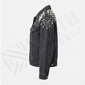 Veste en jean pour femmes, manches longues, logo brodé, courte, cloutée, grosses perles, longueur courte, rembourrage en coton, couleur personnalisée - Product Image 3