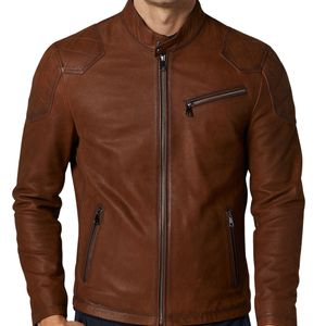 Chaqueta de motorista de cuero marrón con estilo para hombre, camisa estilo cuello y puños, dobladillo abierto, chaqueta de cuero totalmente personalizada para hombre - Product Image 5