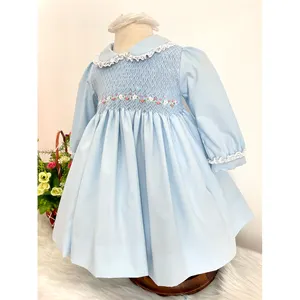 Hand made embroidery smocked dresses for girl's clothing floral ruffles flower kids dresses boutiques baby clothes