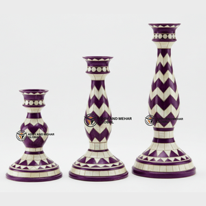 Indian Supplier Offers Luxury Shell/MOP Inlay <b>Taper</b> <b>Candle</b> Holders - Purple & White Chevron Geometric Pattern for wholesale - Product Image 1