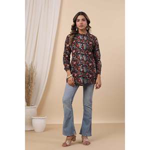 Ulfat Noorjehan <b>Women's</b> Loose Fit <b>Black</b> Printed Linen-Cotton Casual Top - Product Image 4