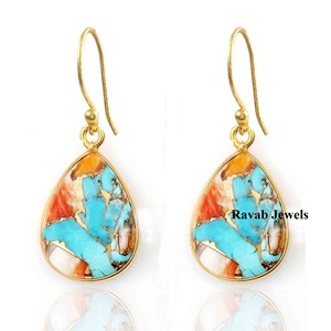 Super qualité 925 boucles d'oreilles en argent Sterling huître épineuse cuivre Turquoise forme de poire 12x16mm pierre précieuse cadeau mignon pour les femmes - Product Image 1