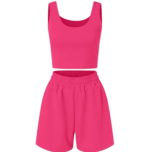 Women's Ribbed Two Piece <b>Set</b> Blue Crop Top Shorts Sporty O Neck Sleeveless Summer Wear Breathable <b>Knitted</b> <b>Set</b> - Product Image 4